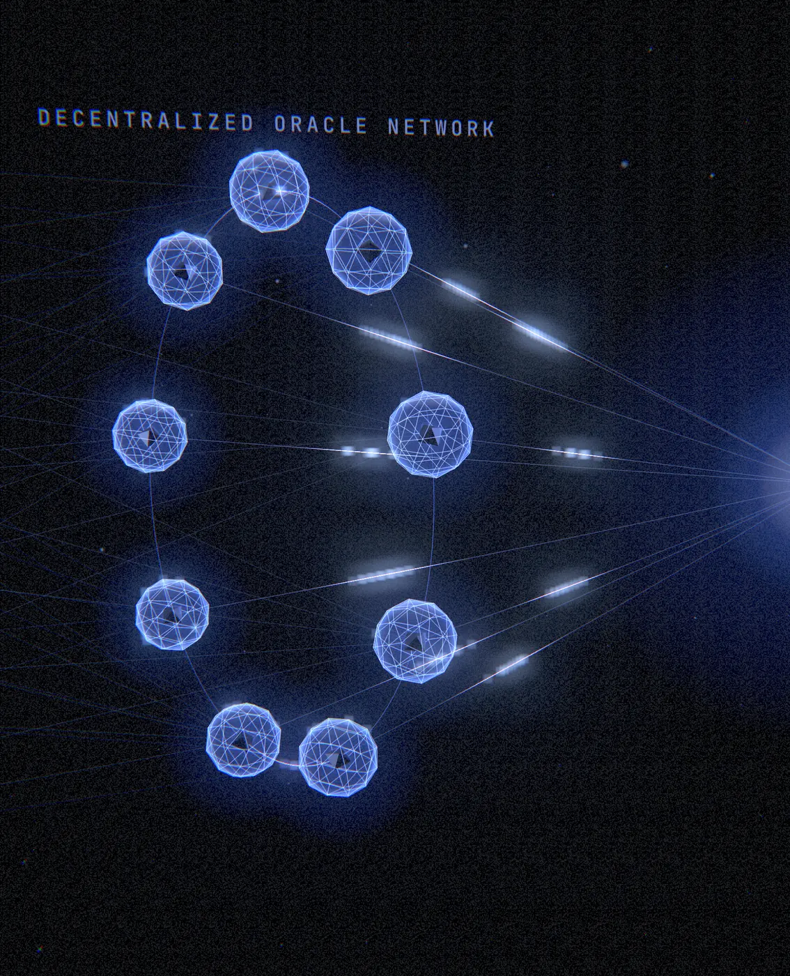 Vertical frame of a ring of oracle nodes labelled decentralized oracle network, sending data to one point