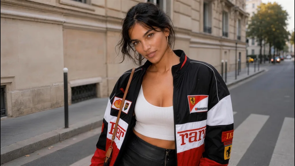 Film still of a photoreal AI model in a racing jacket on a Paris street from an AI campaign