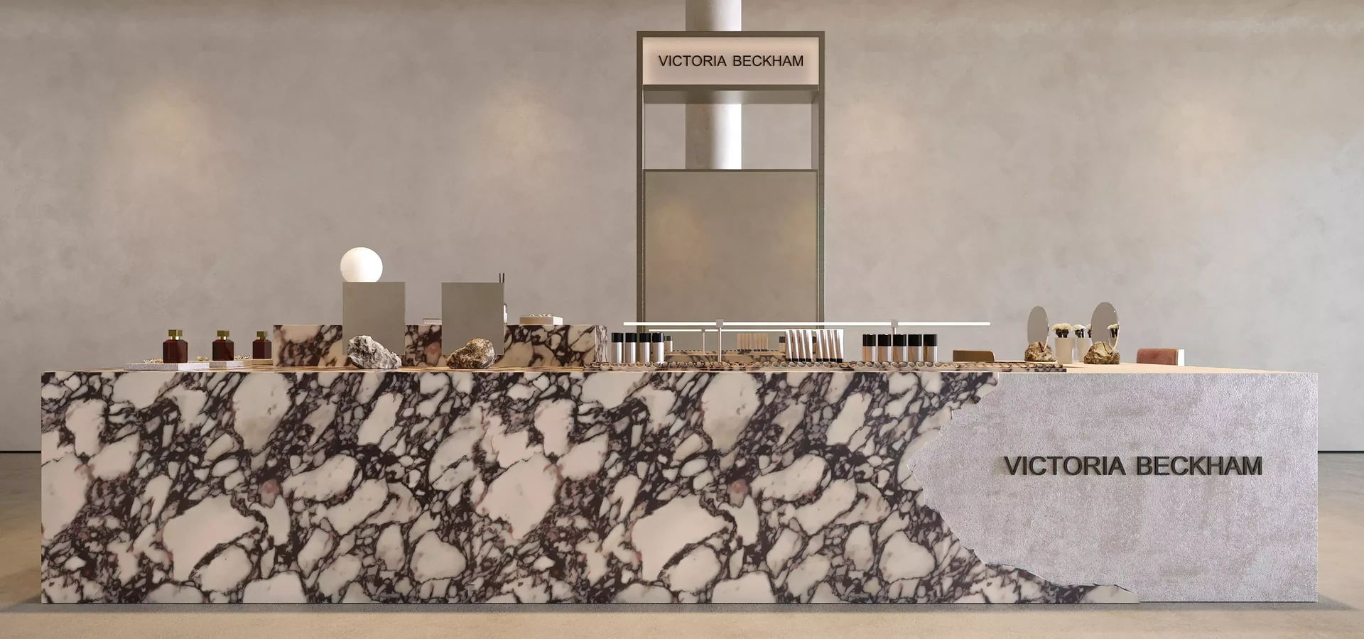 Photoreal render of a luxury beauty pop-up counter in pink and burgundy marble with products on display
