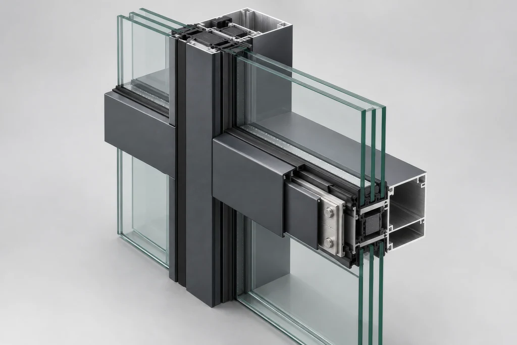 Axonometric cutaway of an aluminum curtain wall mullion and transom joint with thermal break and triple glazing