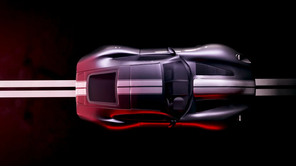 Film still of a custom supercar with light trails