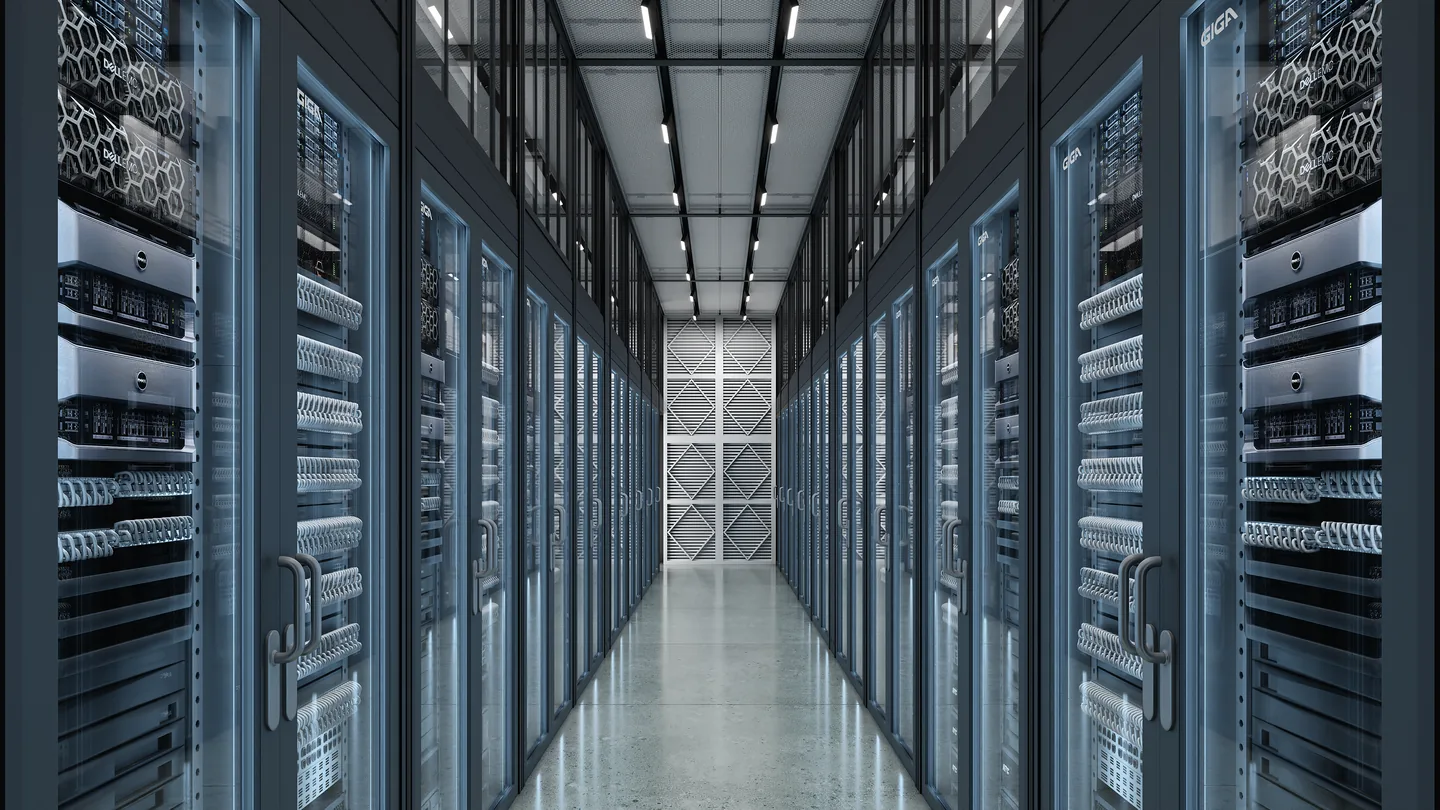 Render of a server aisle inside an AI pod with glass-door racks