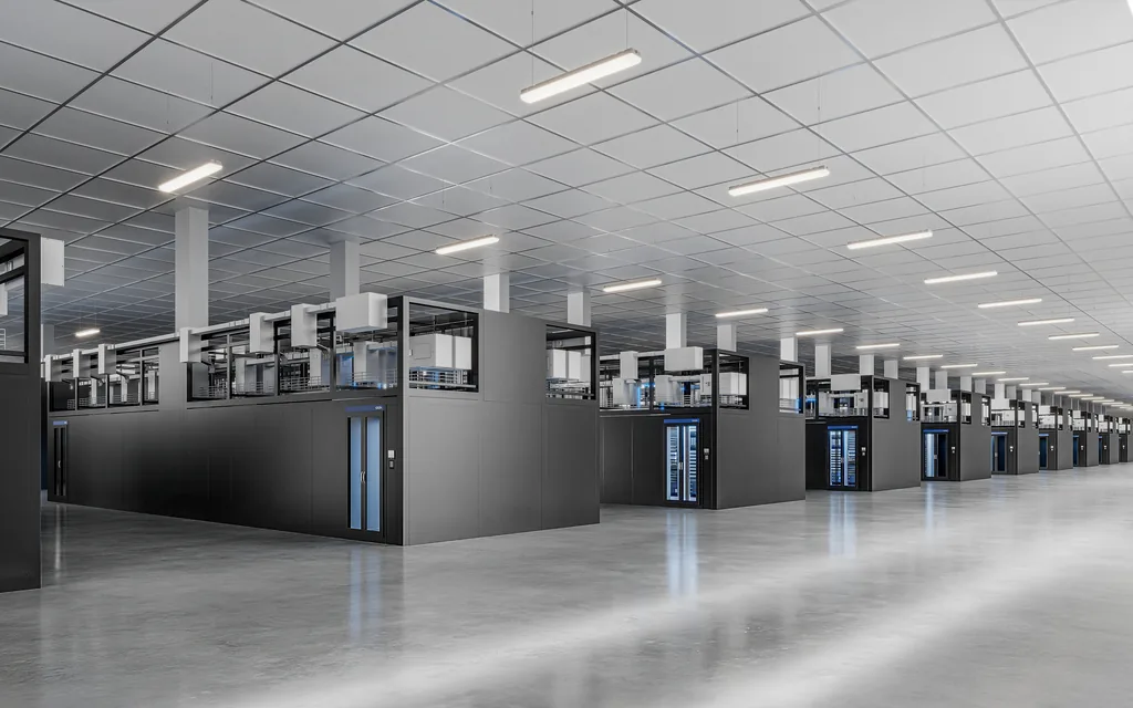 Rendu d’une vaste salle informatique avec des rangées de pods IA noirs sous un plafond en grille