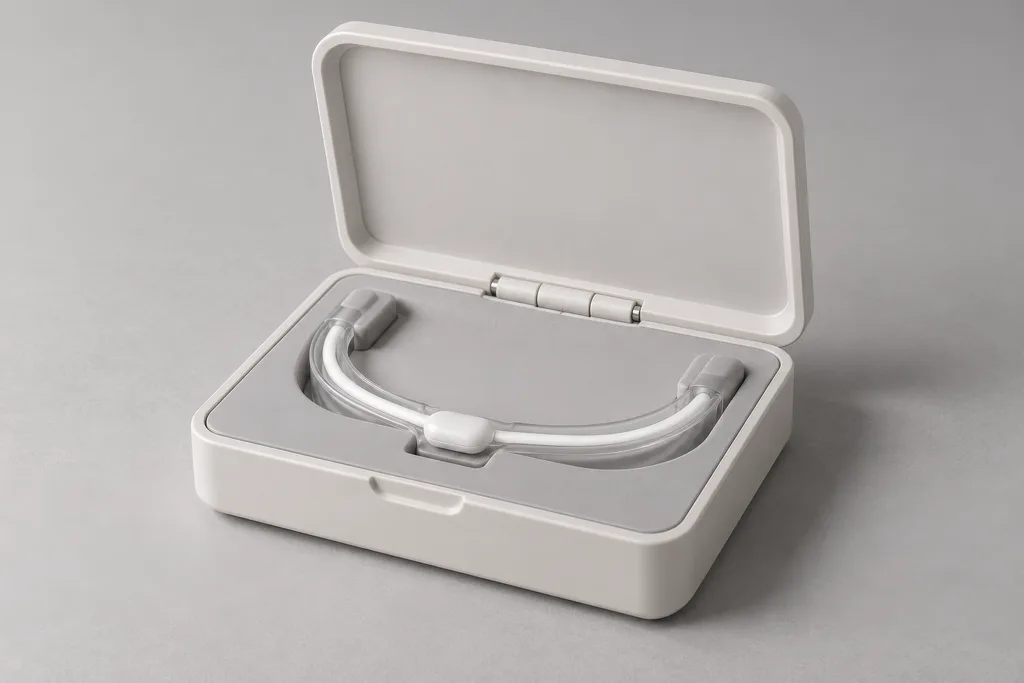 White intraoral device in its open storage case on a light grey background