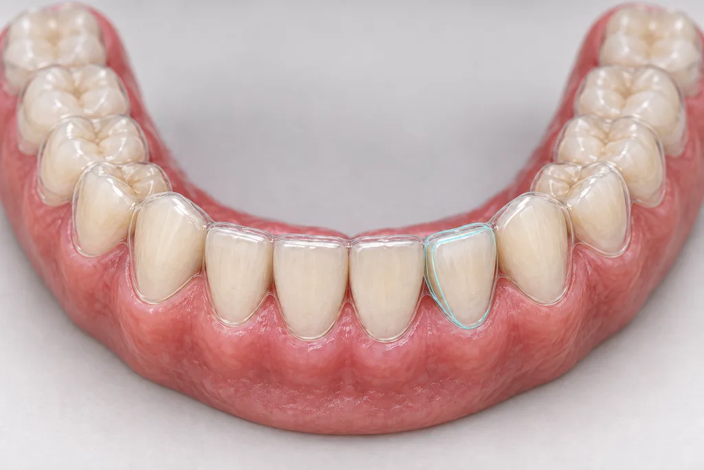 Lower dental arch with a clear aligner and the target position of a rotated tooth