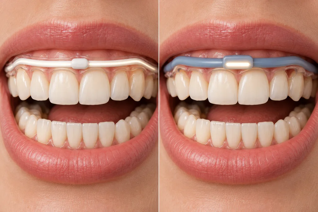 Split-screen 3D dental animation comparing a slim device with a bulkier competitor product on the same teeth