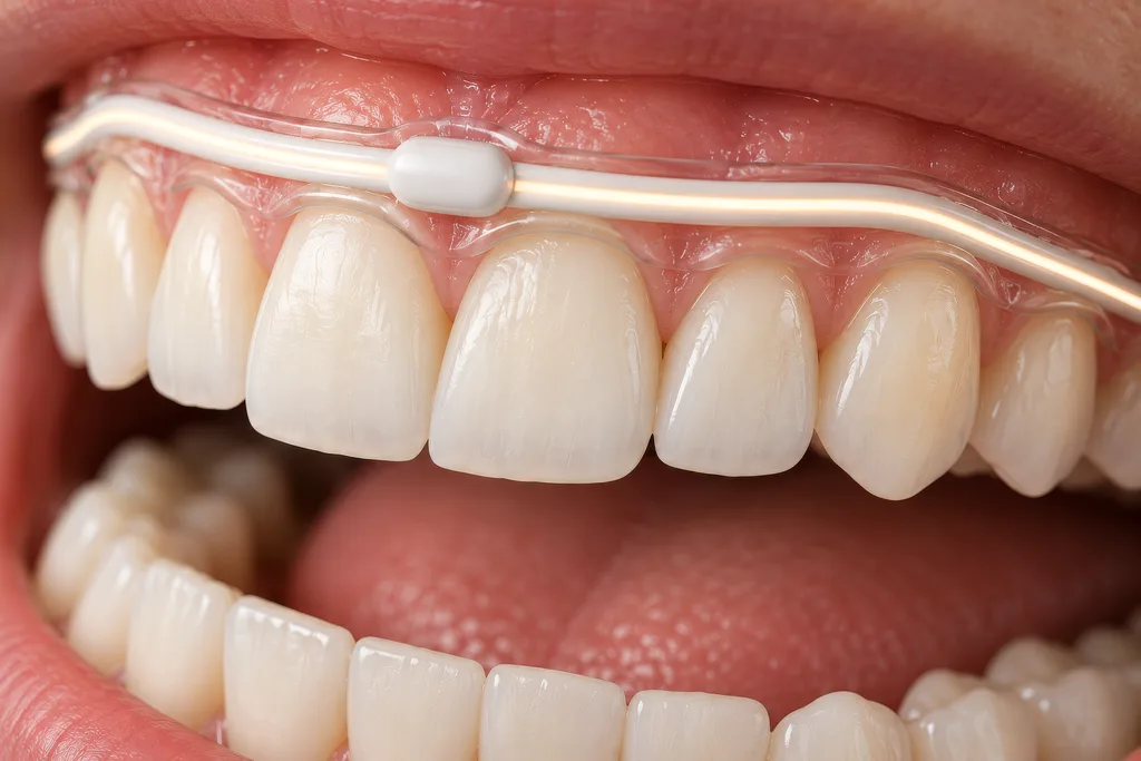 3D dental animation still of a slim device seated on the upper teeth inside a realistic mouth