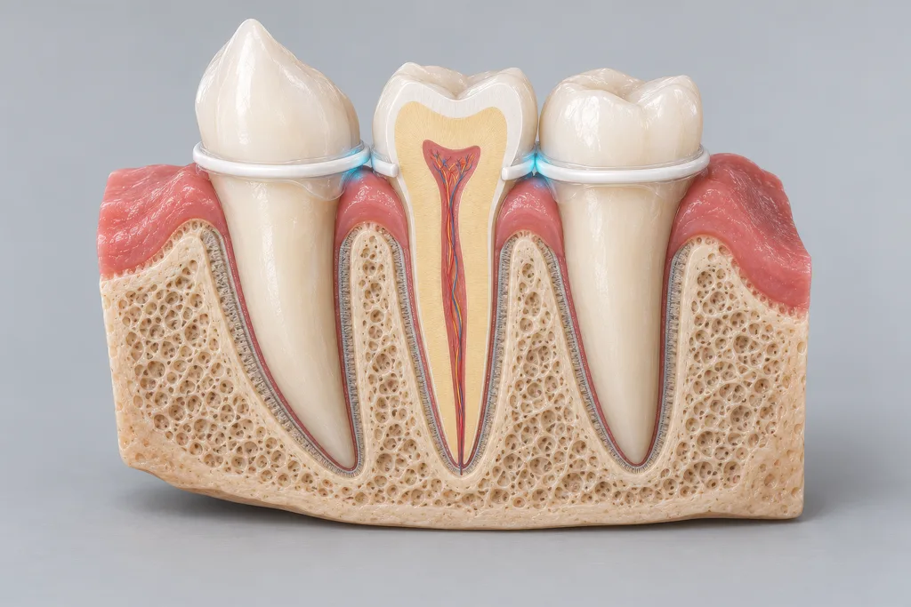 3D cut-away of teeth, gum and jaw bone with a dental device glowing along the gumline