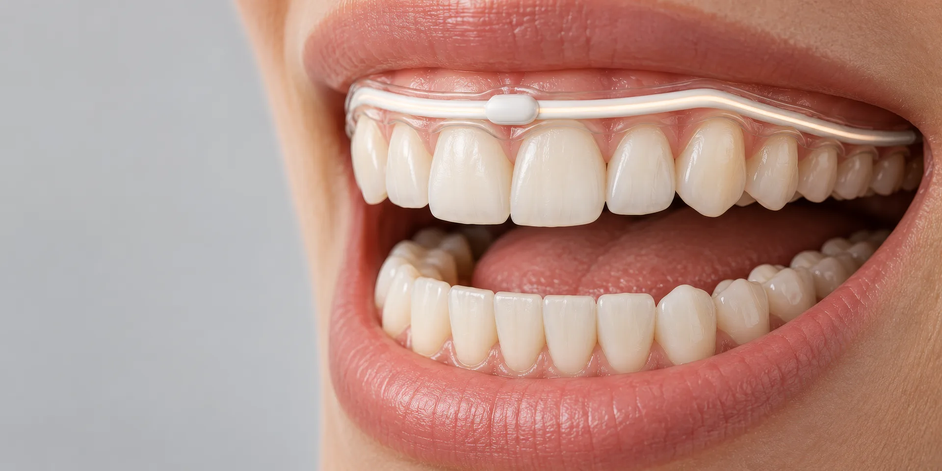 3D dental animation still of a slim intraoral device seated on the upper teeth of a smiling mouth