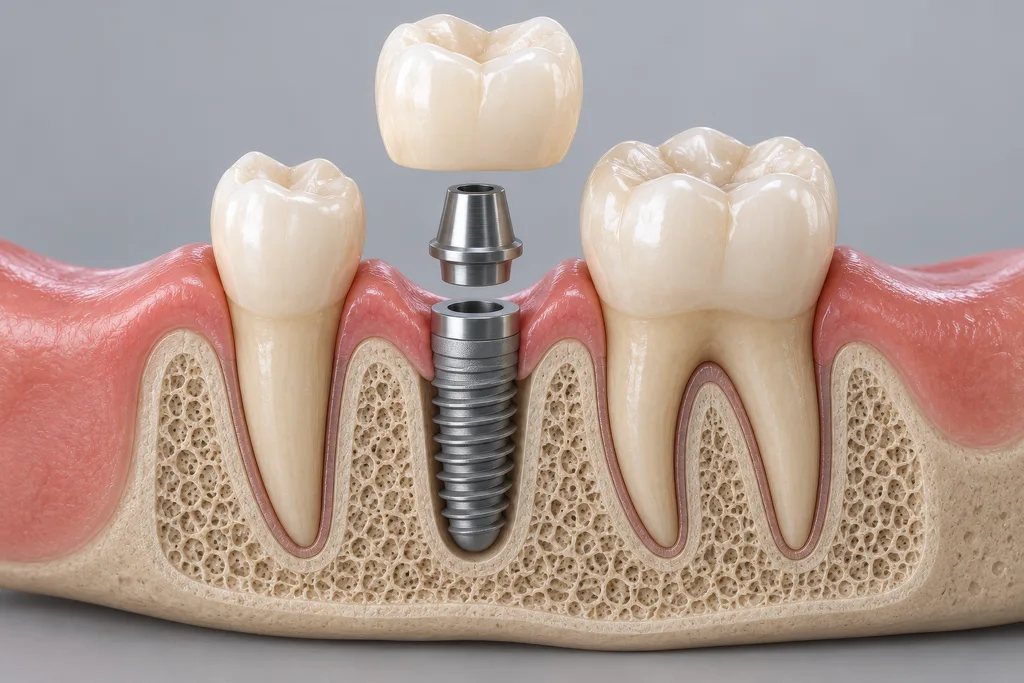 3D cut-away of a lower jaw with a titanium dental implant in bone and the abutment and crown above it