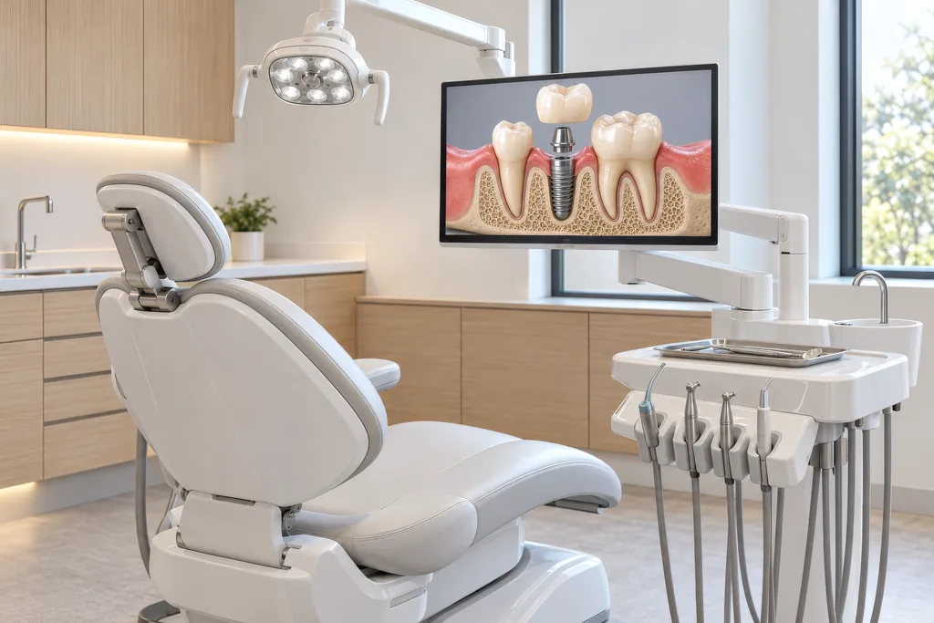 Dental operatory with a white chair and a monitor showing a 3D dental implant animation