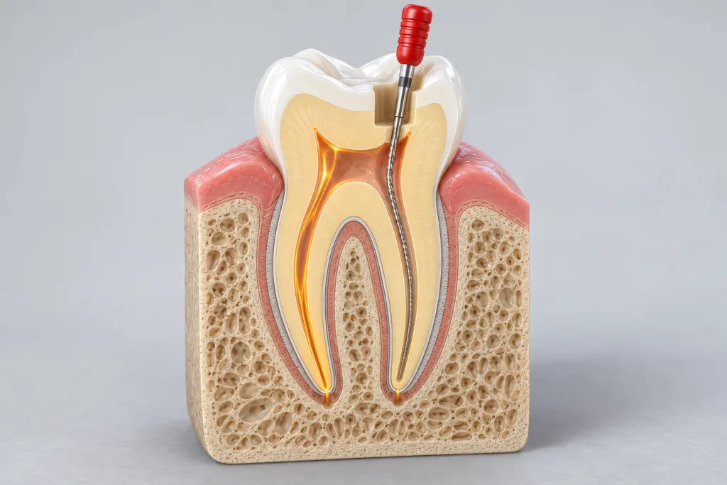 Cut-away molar with a dental file in the root canal and the pulp glowing warm