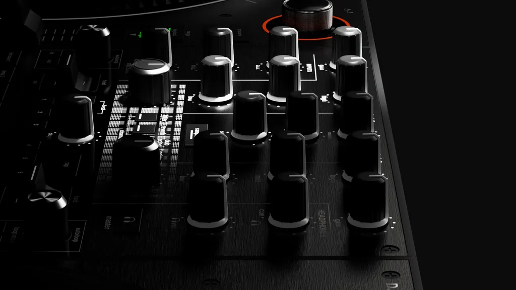 Film still of the rear audio ports of a DJ controller