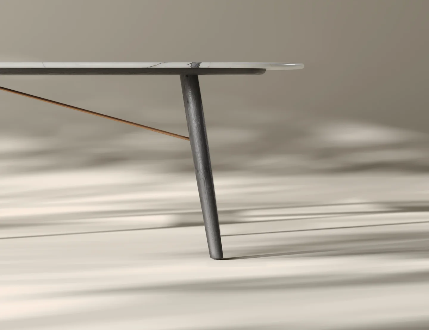 Low close-up render of a tapered dark wooden table leg under a thin marble top with a diagonal tan brace