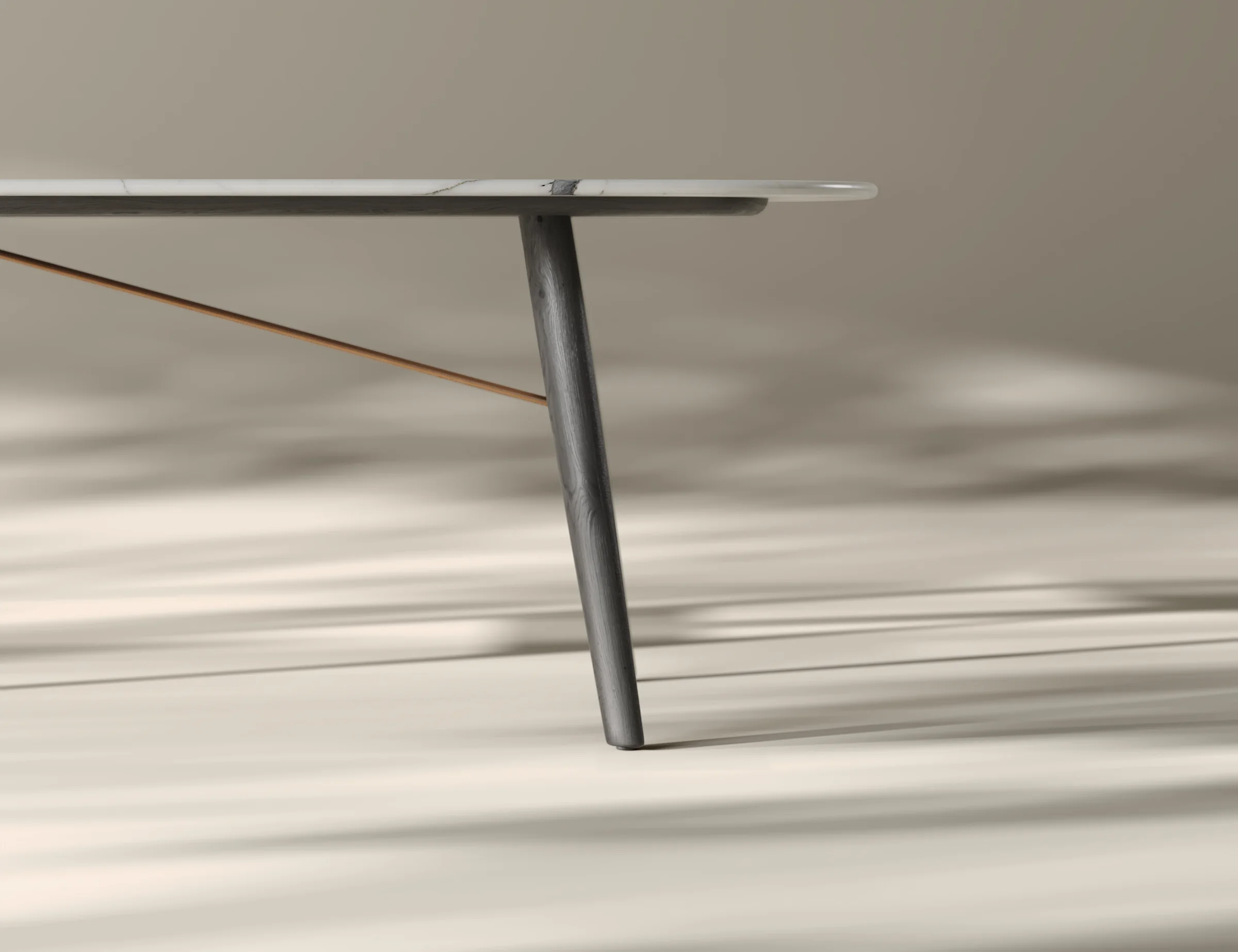 Low close-up render of a tapered dark wooden table leg under a thin marble top with a diagonal tan brace