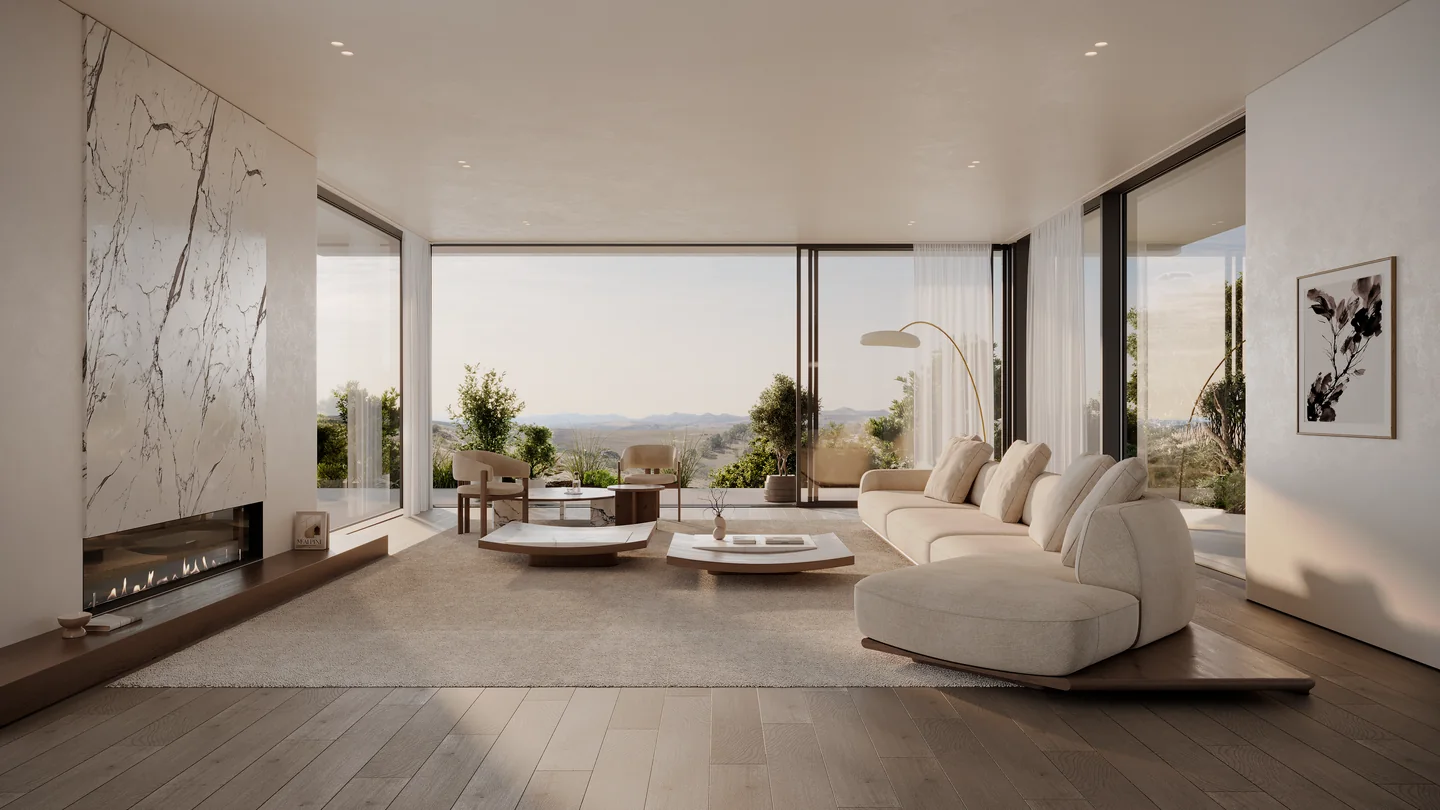 Render of a living room with a marble feature wall and fireplace, a modular sofa and a view over green hills