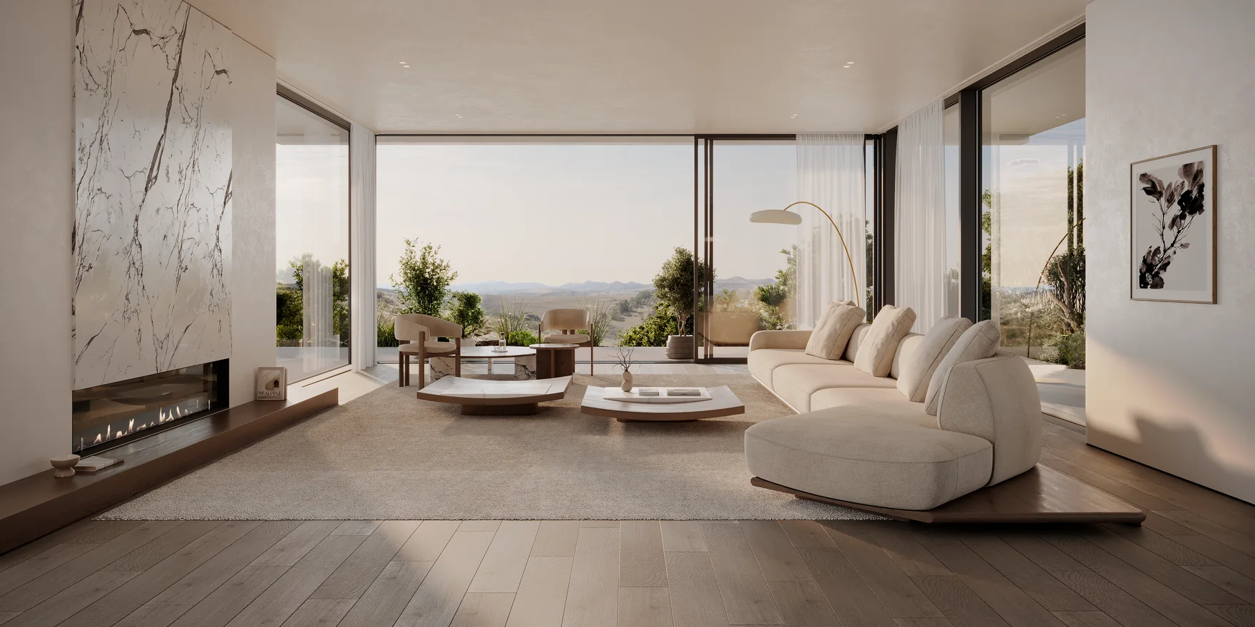 Render of a living room with a marble feature wall, a fireplace and a curved modular sofa in light upholstery by large windows