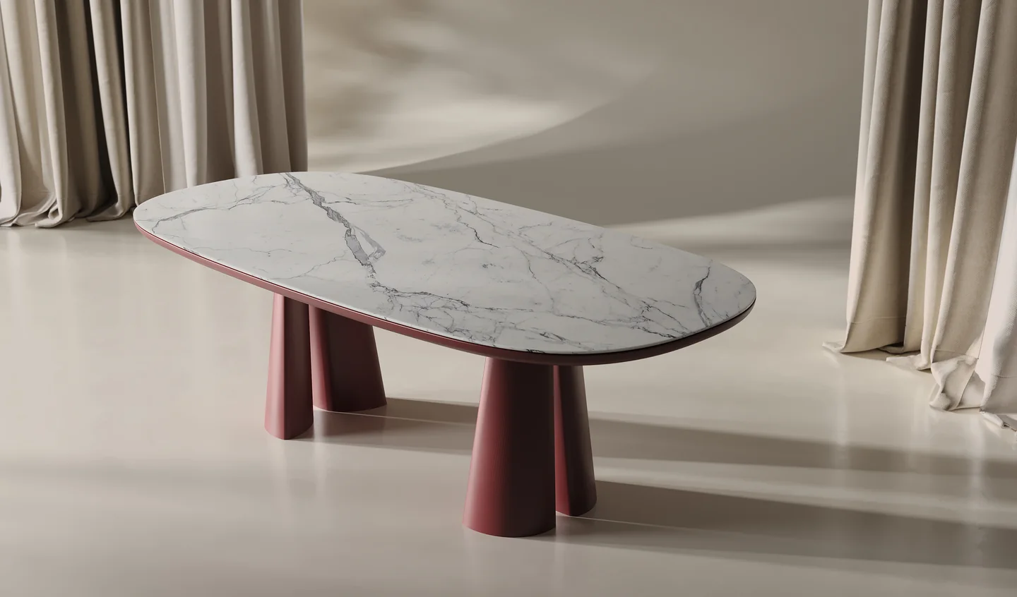 Render of an oval marble dining table with grey veining, a red edge and cone-shaped red bases by linen curtains