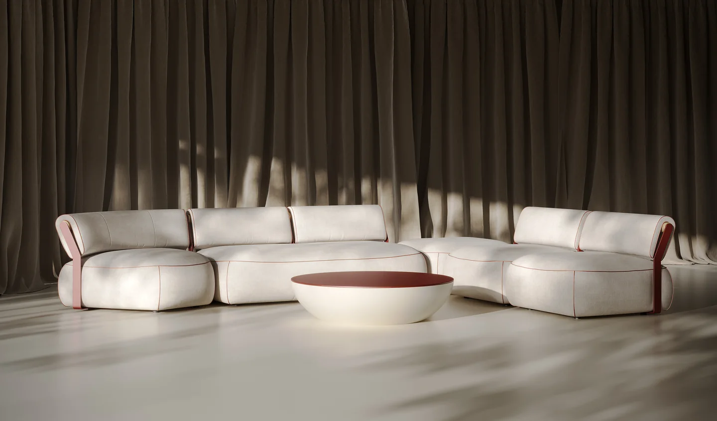 Wide render of a curved modular sofa and a round coffee table in front of linen curtains with leaf shadows on the floor