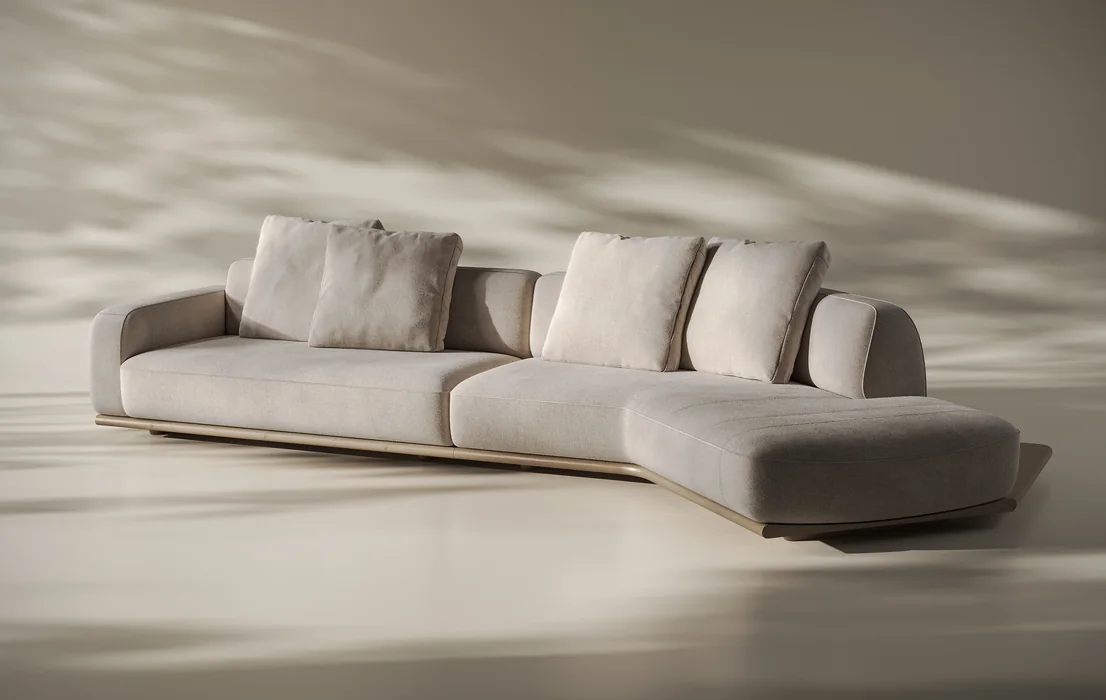 Studio-Rendering eines beigen modularen Sofas mit Recamiere auf hellem Holzsockel vor neutralem Hintergrund, 3D-Möbelvisualisierung