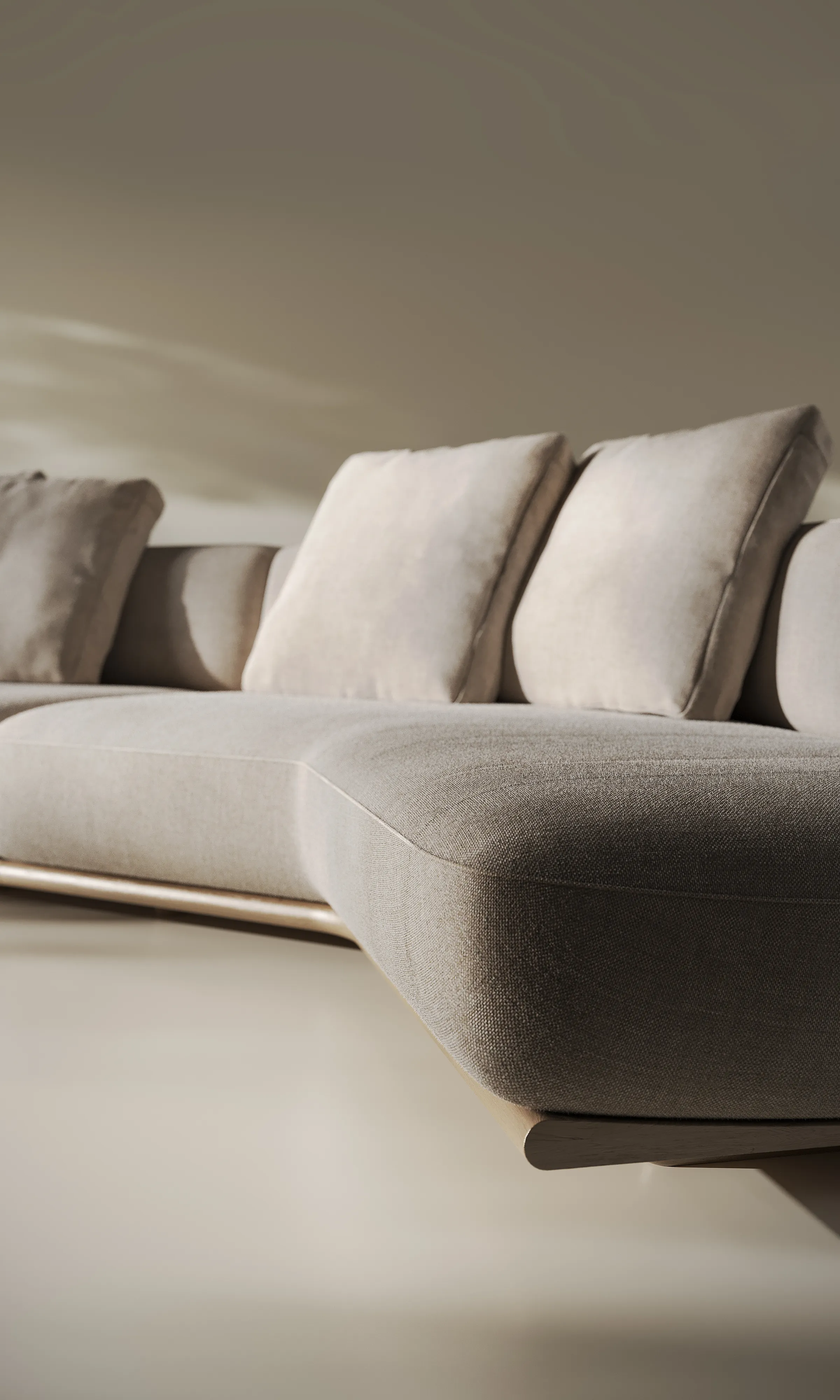 Vertical close-up render of the modular sofa upholstery, its cushions and the metallic edge of the low base