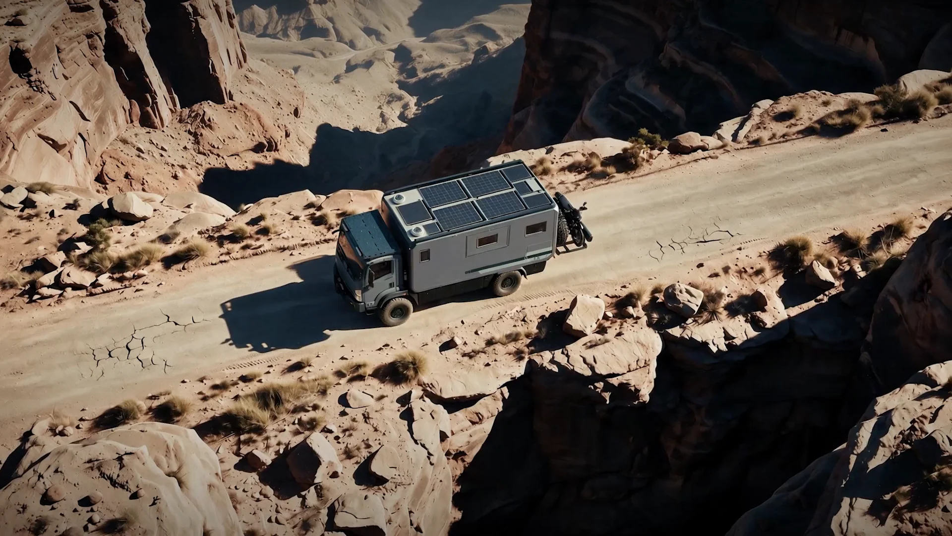 Expedition truck raising dust on a track through a desert canyon
