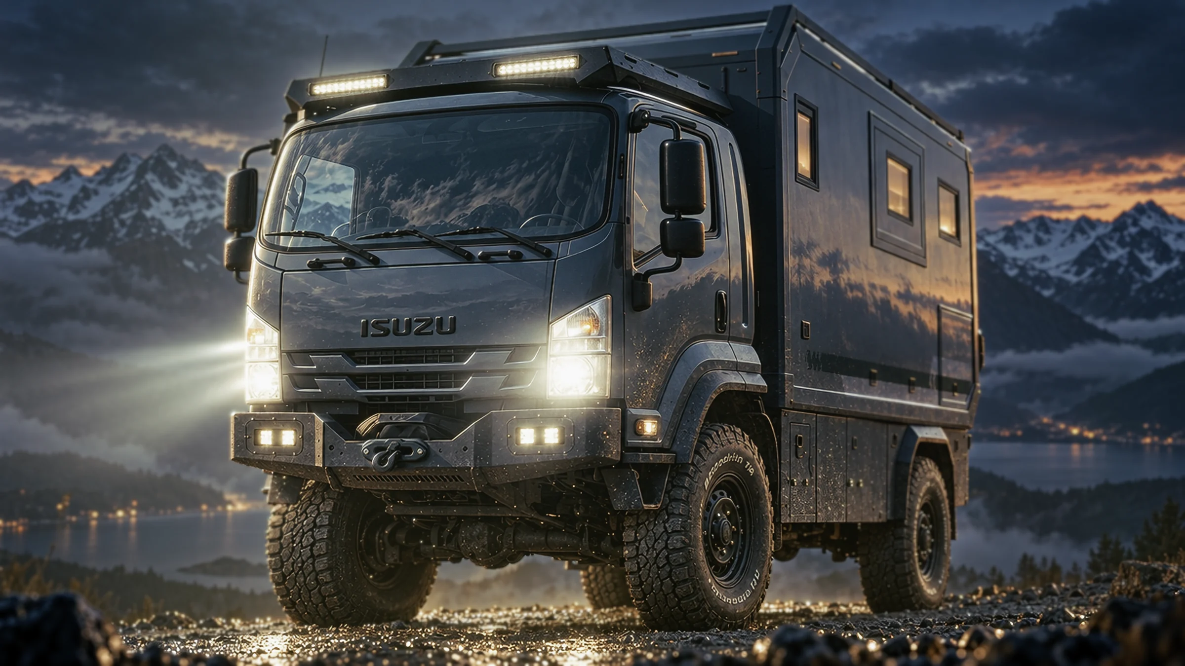 Expedition truck camper with headlights and light bar on in the mountains at dusk