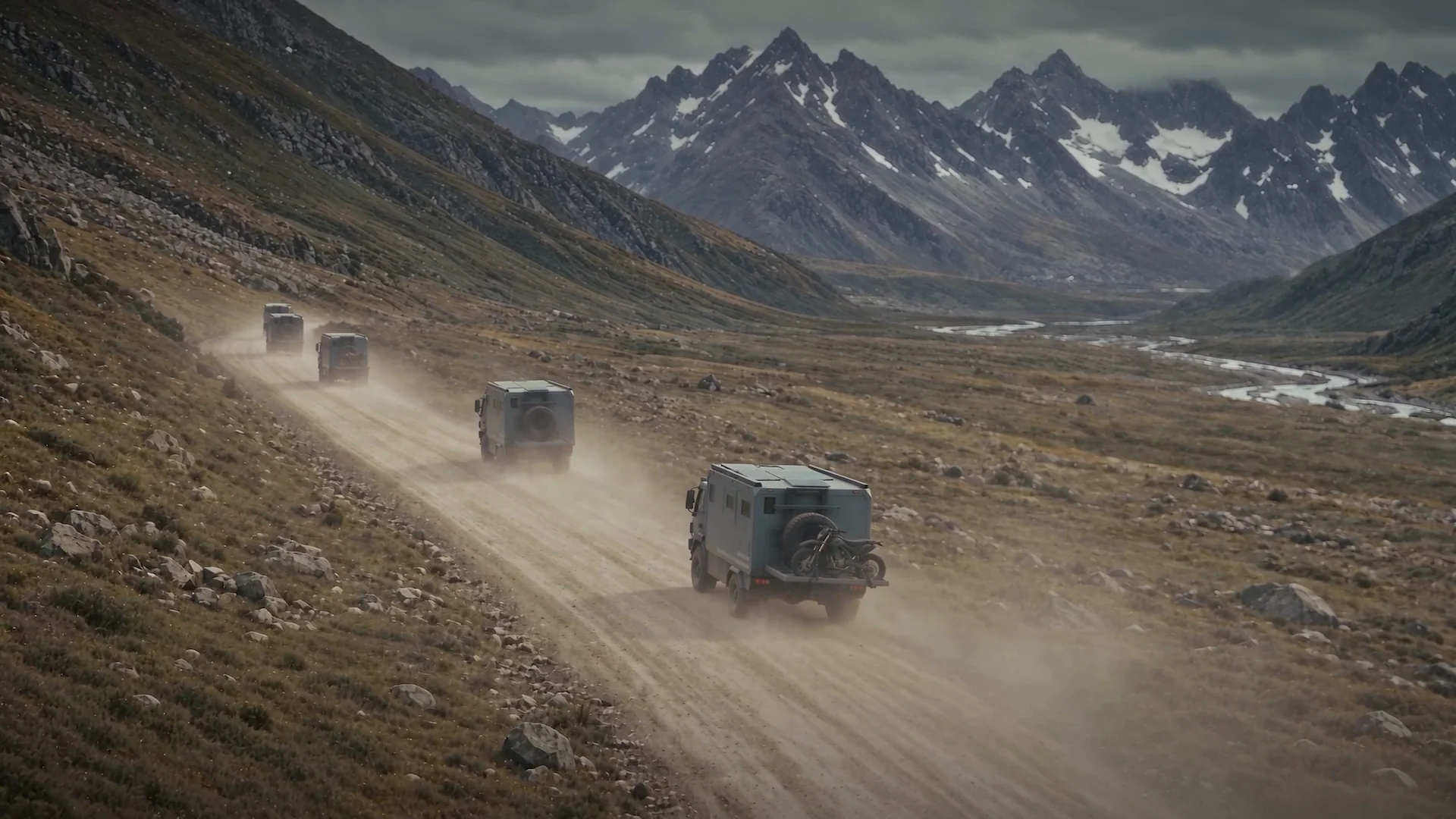 Convoy of expedition trucks climbing a dusty mountain valley road