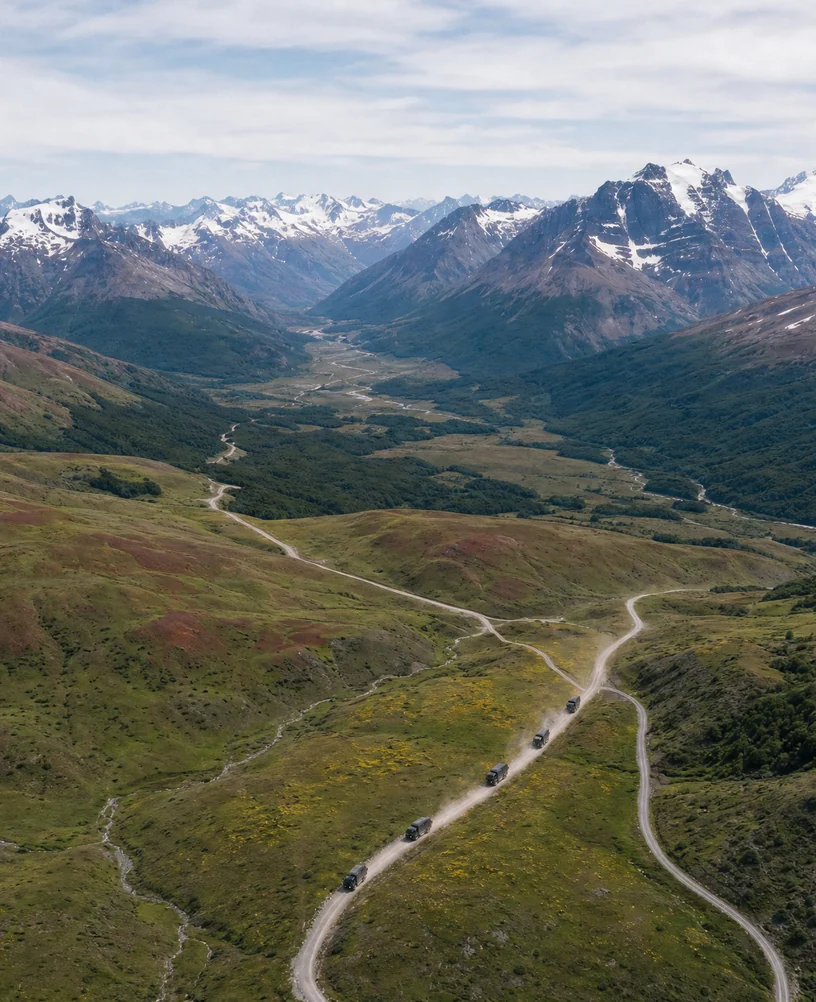Convoy of expedition trucks on a winding road through a green mountain valley