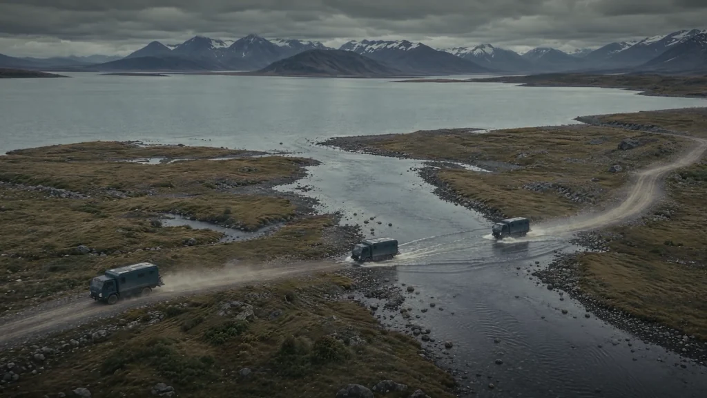 Aerial still of an expedition truck crossing a shallow river