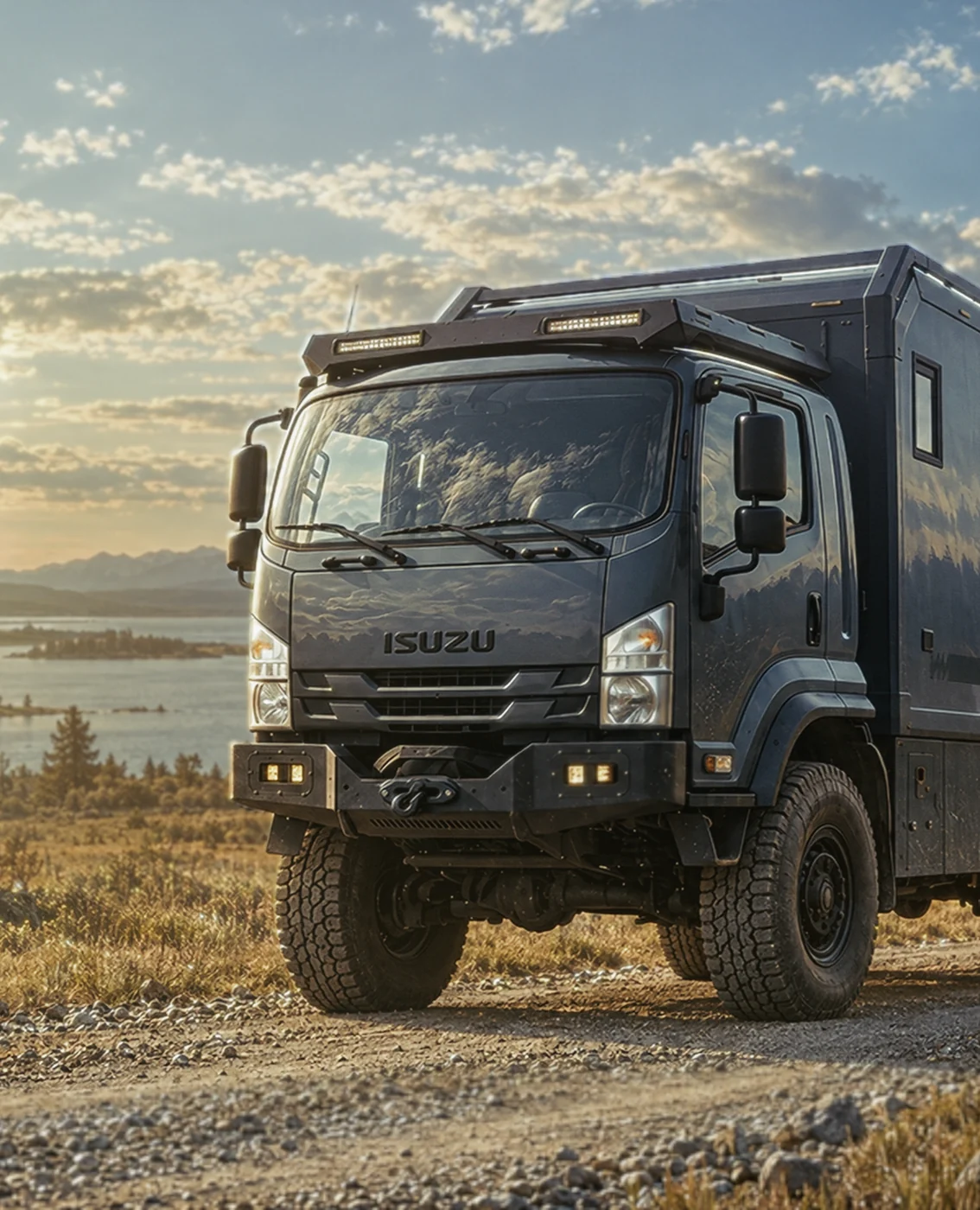 Front of an expedition truck camper on a gravel road at sunrise
