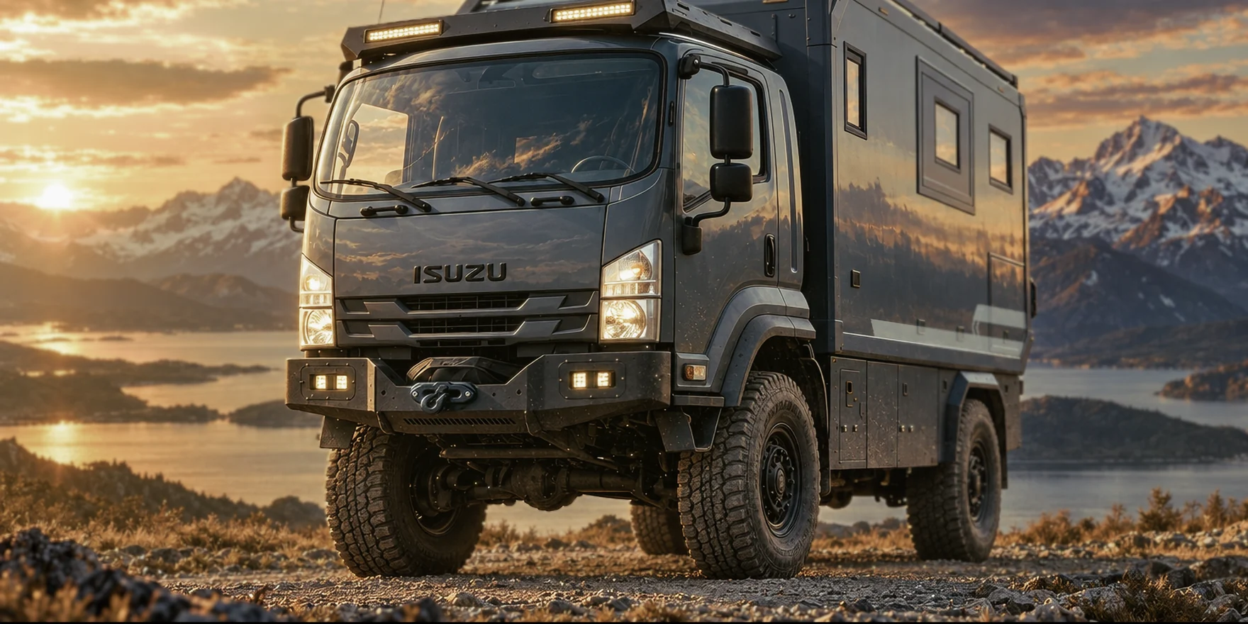 Dark grey ACME Overland expedition truck camper parked above a mountain lake at sunset