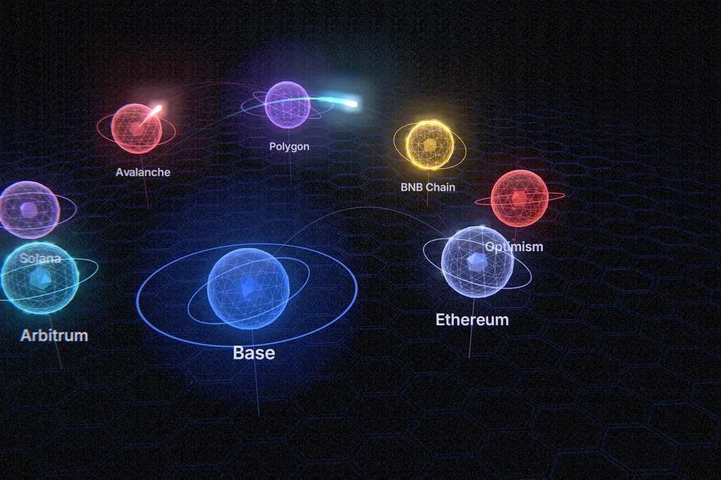 Oito blockchains desenhadas como planetas luminosos, com Base, Ethereum, Polygon e BNB Chain, de um filme conceitual de lançamento sobre a Chainlink