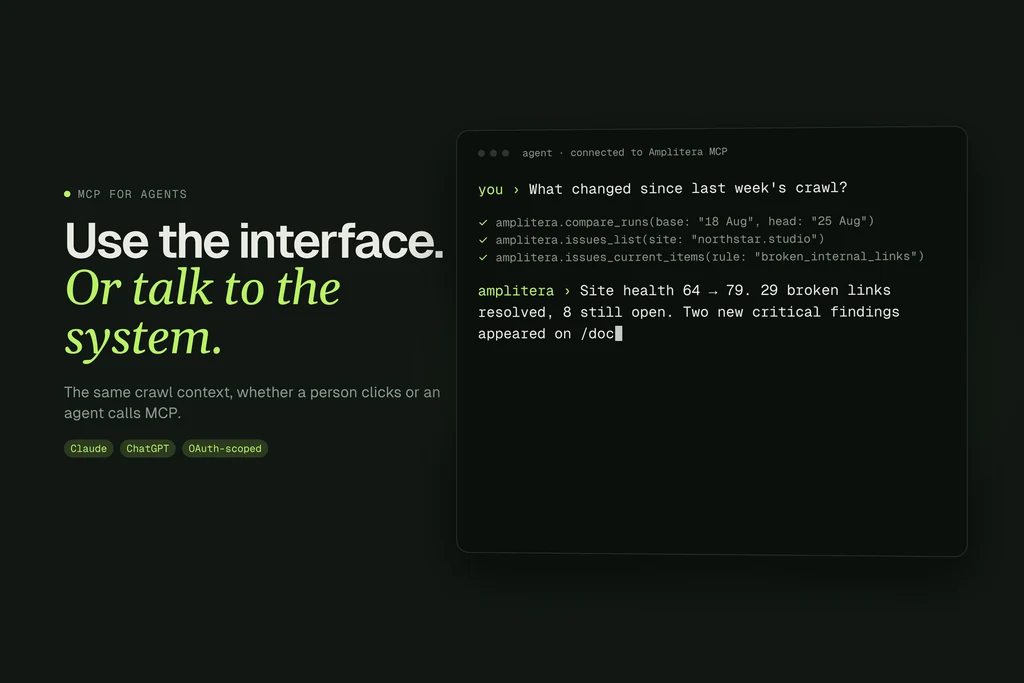 Explainer video still of an AI agent asking a crawler over MCP what changed since last week