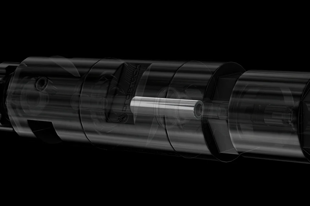 3D animation still of a valve with a transparent housing and the piston inside