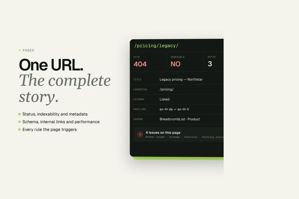 How-it-works video still of a page inspector showing status, indexability and canonical of one URL