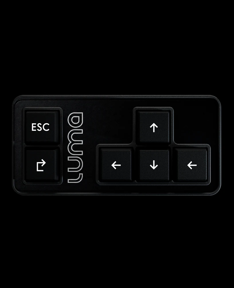 Compact eye tracker keypad with arrow and ESC keys and the Luma logo, 3D render on black