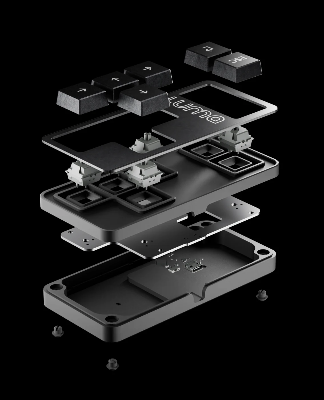 Exploded view of the eye tracker keypad: keycaps, switches, plate, circuit board and housing