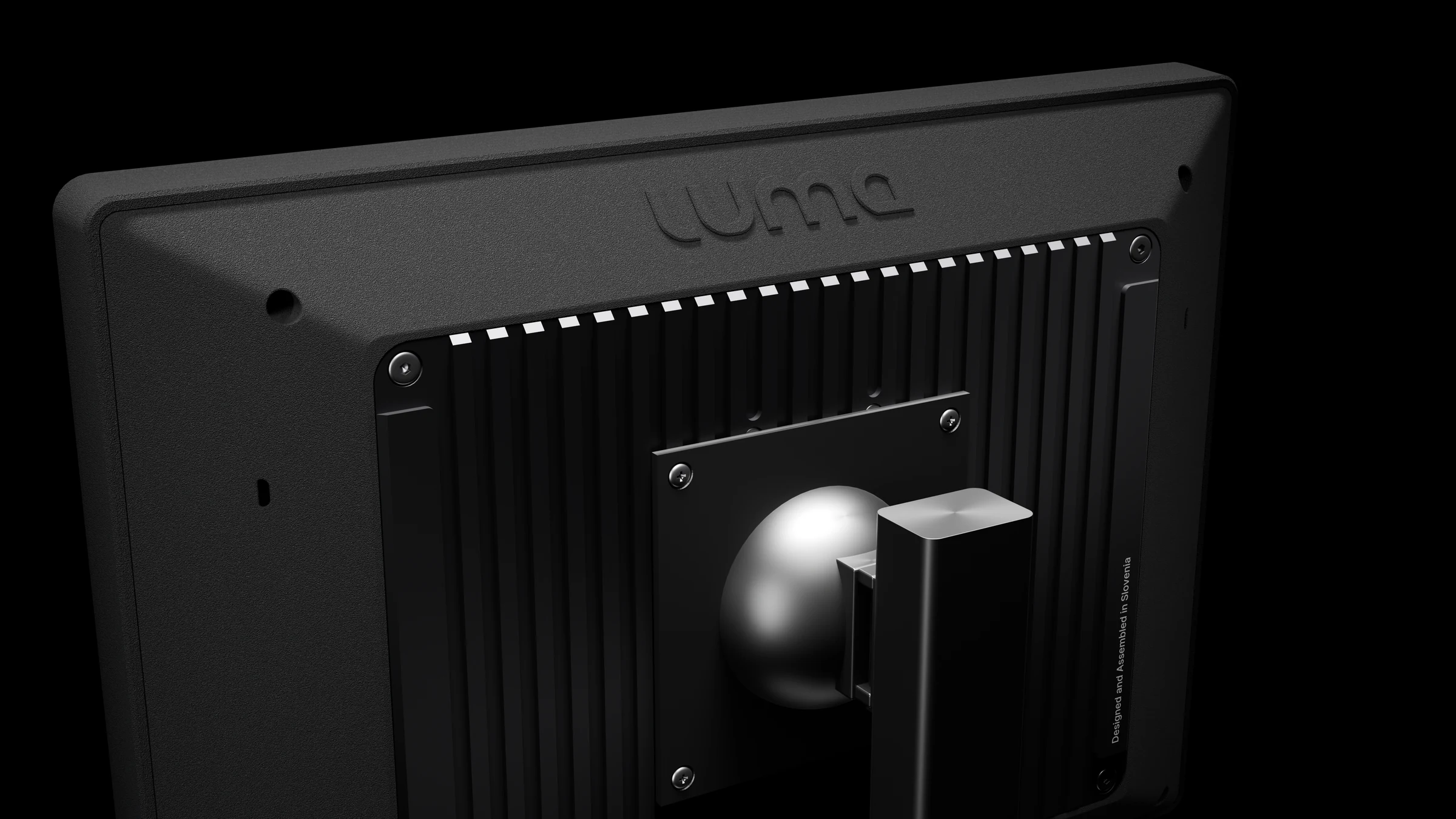 3D render of the eye tracker monitor from the back, with the logo, cooling fins and ball mount