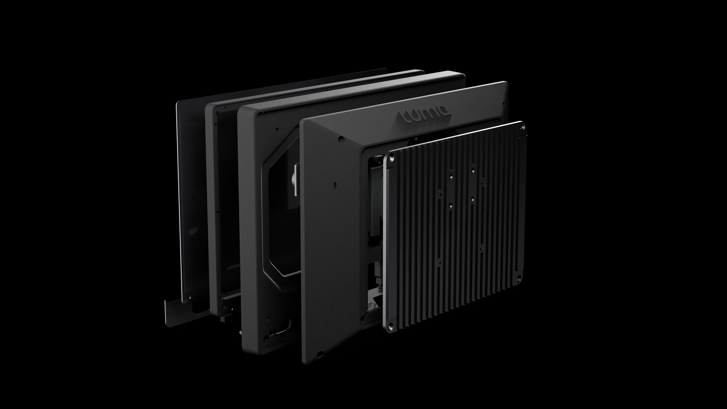 Exploded view of the eye tracker monitor, with screen, frame, housing and cooling plate pulled apart