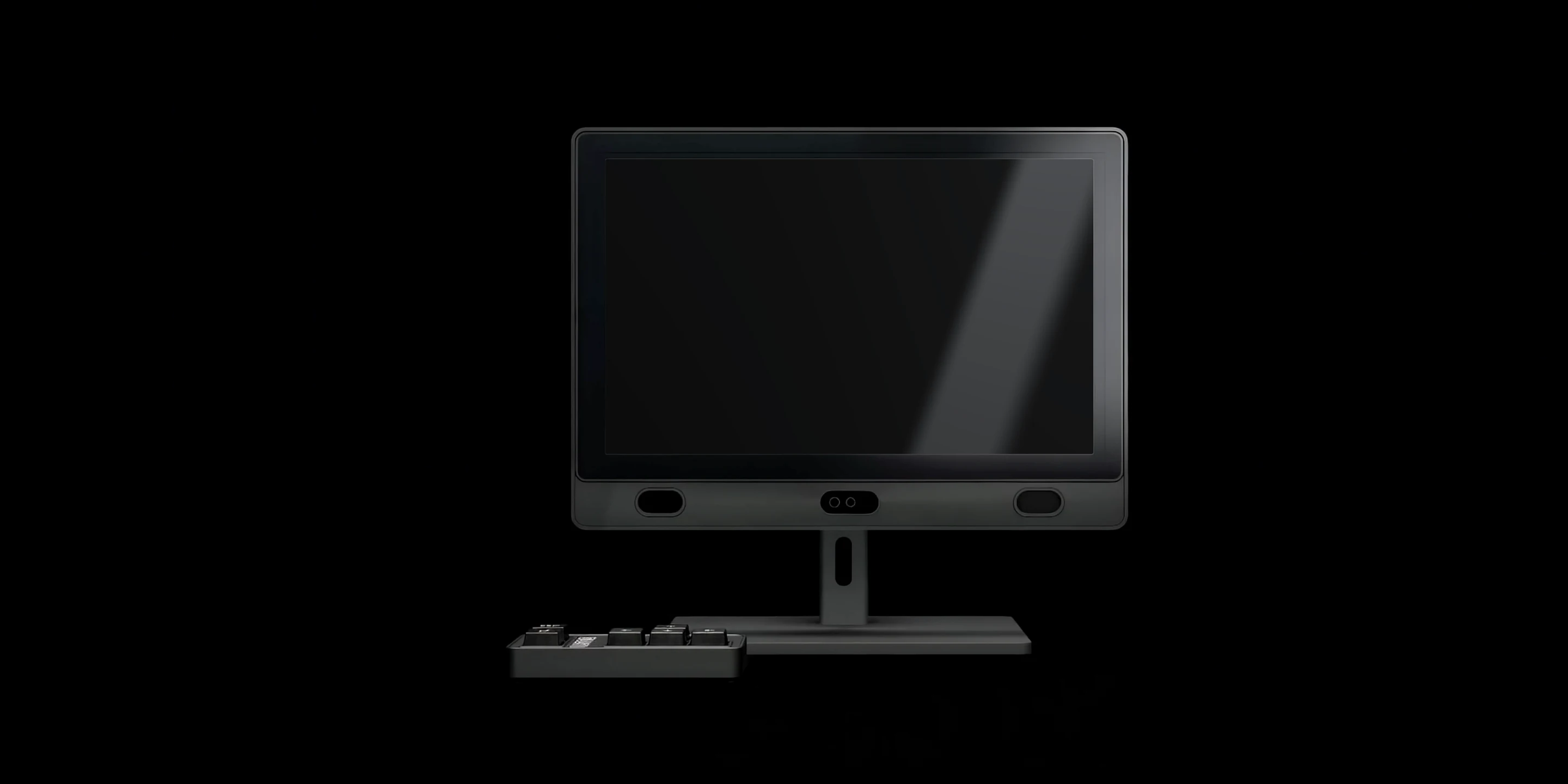 Clinical eye tracker with a dark screen, sensor bar and compact keypad on a black background, a 3D render from the launch film
