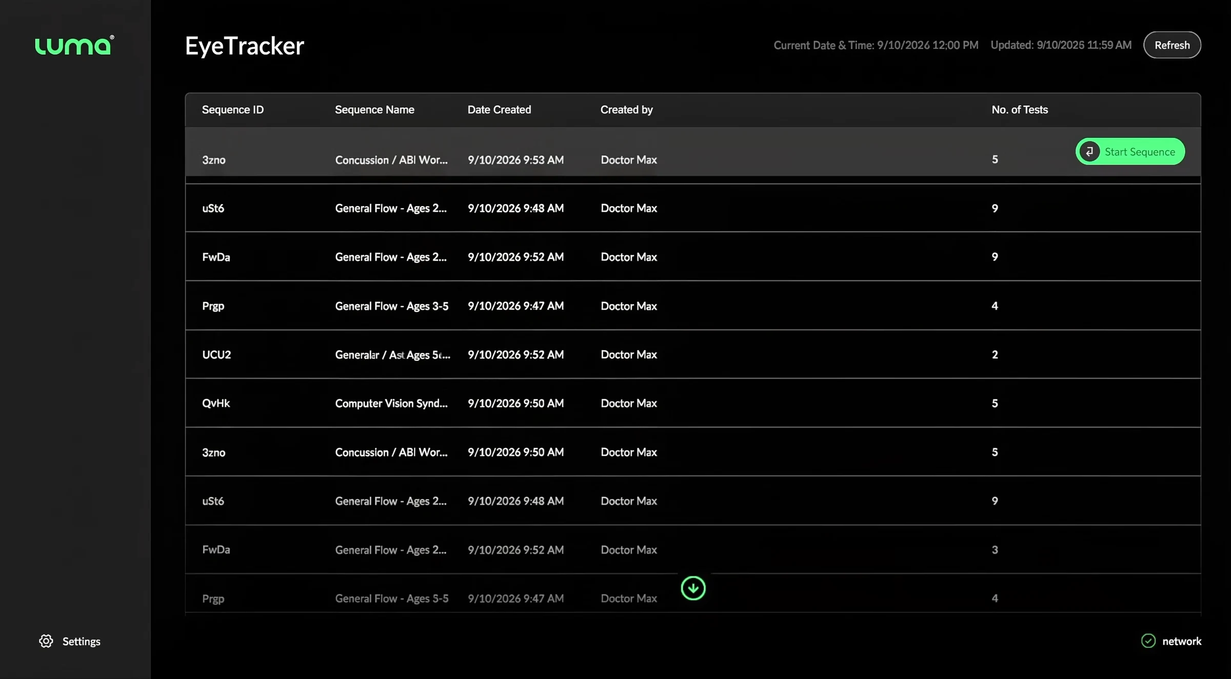 Eye tracker software screen with a list of test sequences and a Start Sequence button