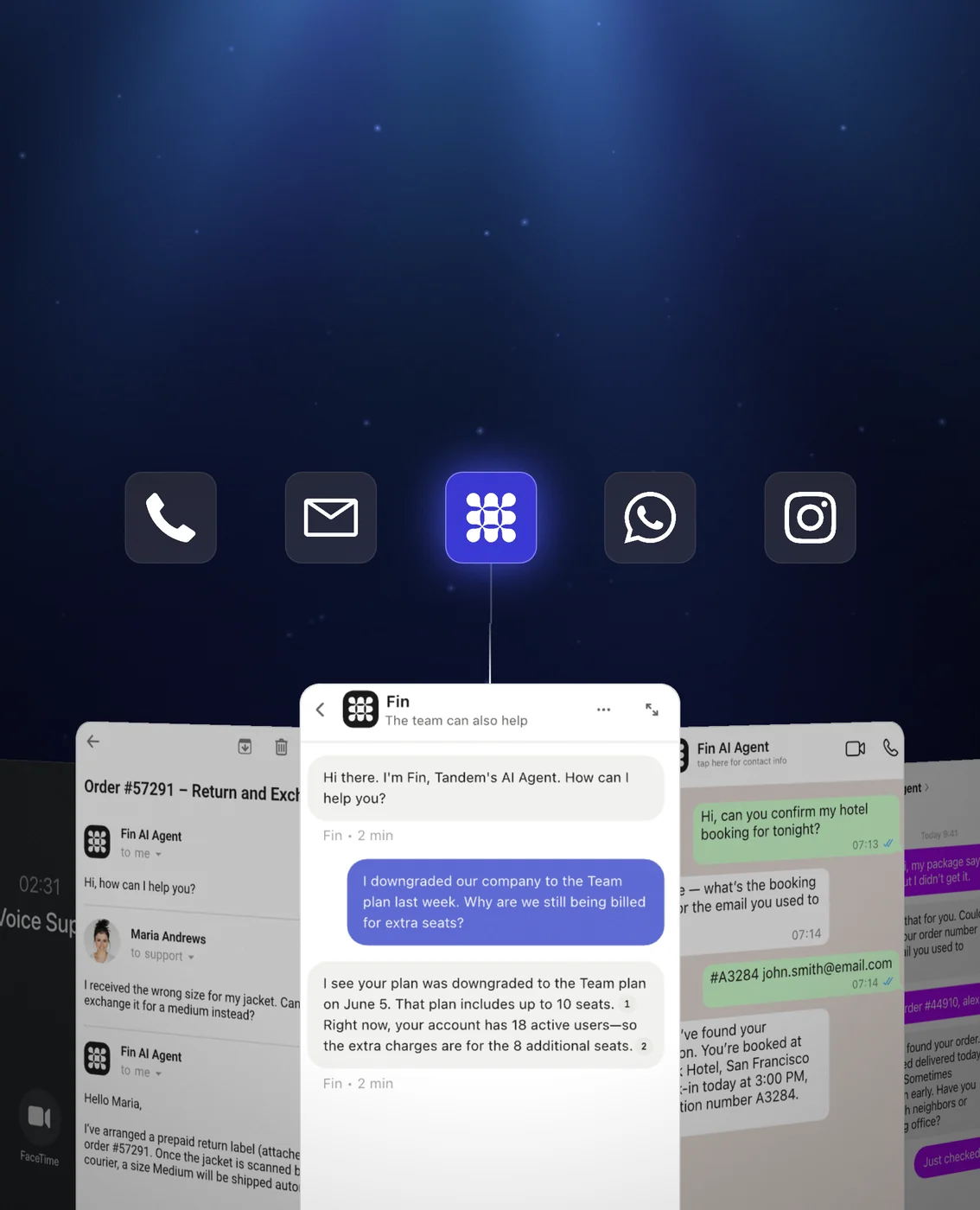 Vertical frame of five channel icons above a fan of voice, email, chat, WhatsApp and Instagram screens
