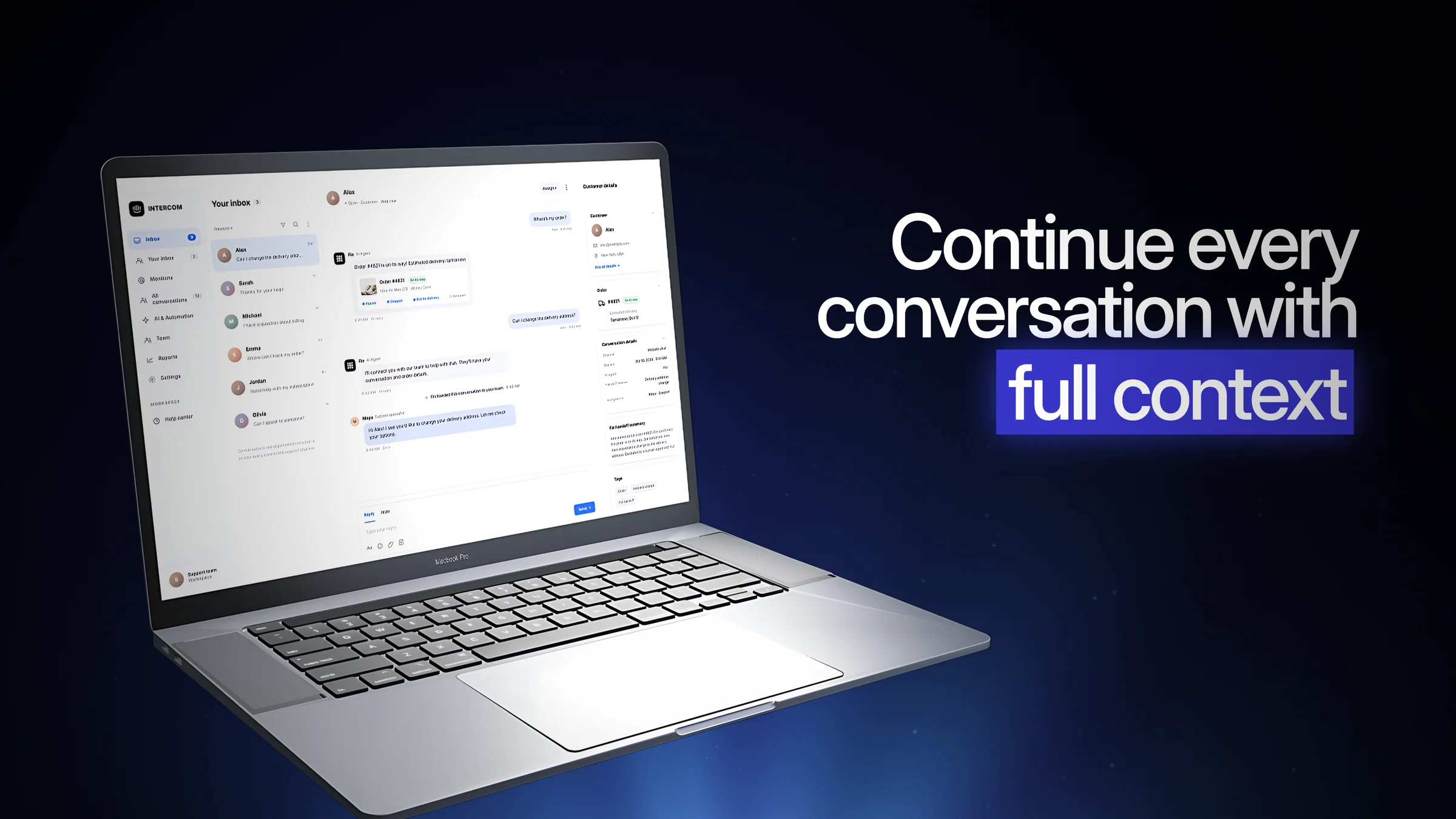 Still of a laptop with a support inbox next to the title continue every conversation with full context