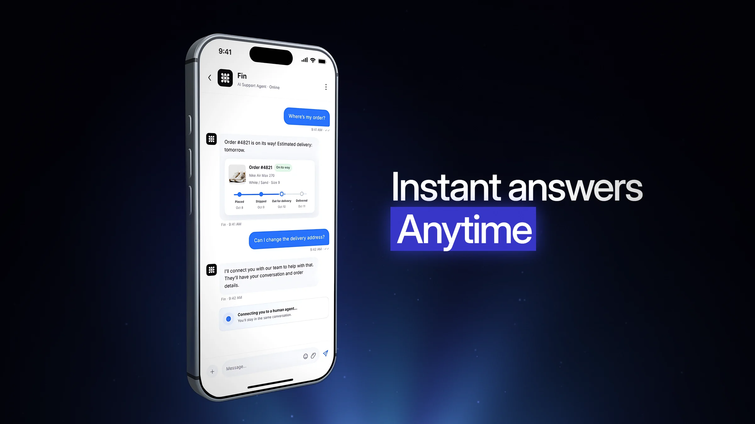 Still of a phone with a Fin chat about an order next to the title instant answers anytime