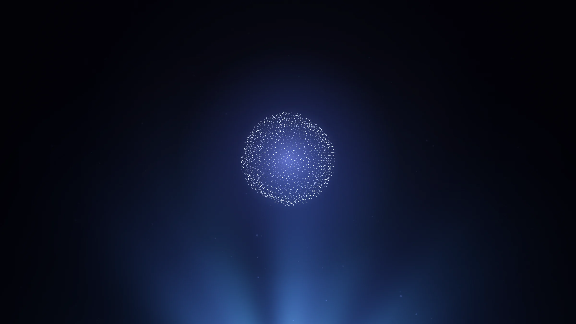 Still of a sphere of glowing particles forming in blue light rays at the start of the Fin concept film