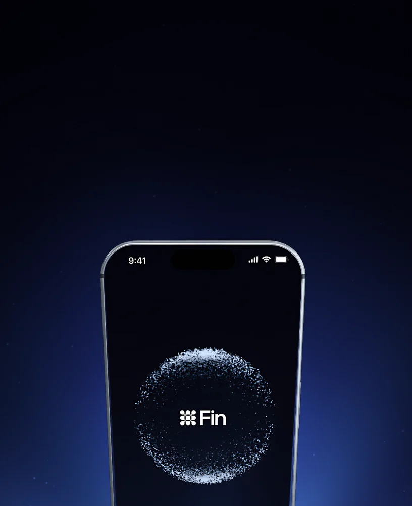 Vertical frame of a phone rising into blue light rays with the Fin particle sphere on its screen