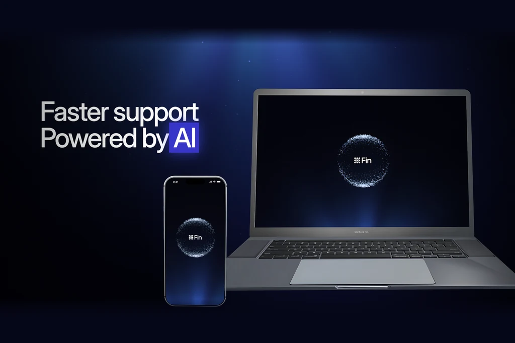 Laptop and phone with an AI agent sphere on screen next to the line faster support powered by AI, a still from a SaaS concept launch film