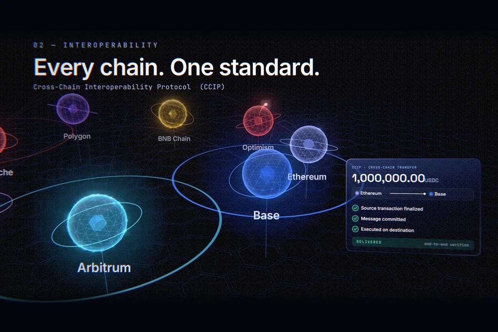 Blockchains drawn as planets with transfer arcs between them and a transfer status card, a still from a blockchain concept film