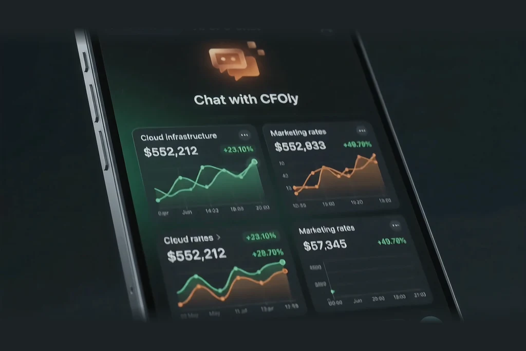 Phone with an AI finance chat answering with cost charts, a still from a fintech launch film